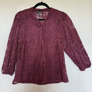 Cable Gauge Burgundy Lace Bishop Sleeve Bow Neck Blouse Top M